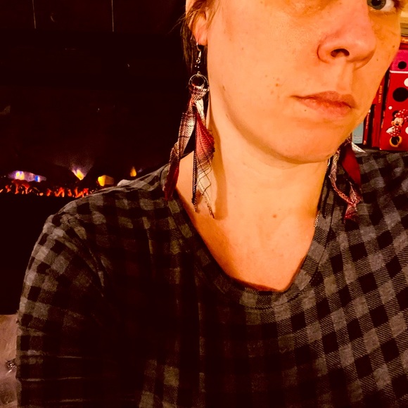 ⚫️Farmhouse Bling Plaid Fabric Rustic Boho Tassel Earring Shoulder Dusters OOAK - Picture 8 of 10